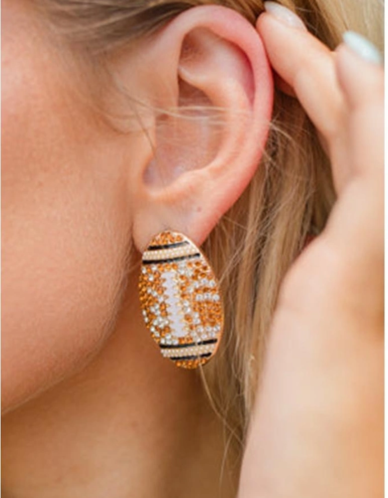 Gold Rhinestone Rugby Football Game Day Stud Earrings