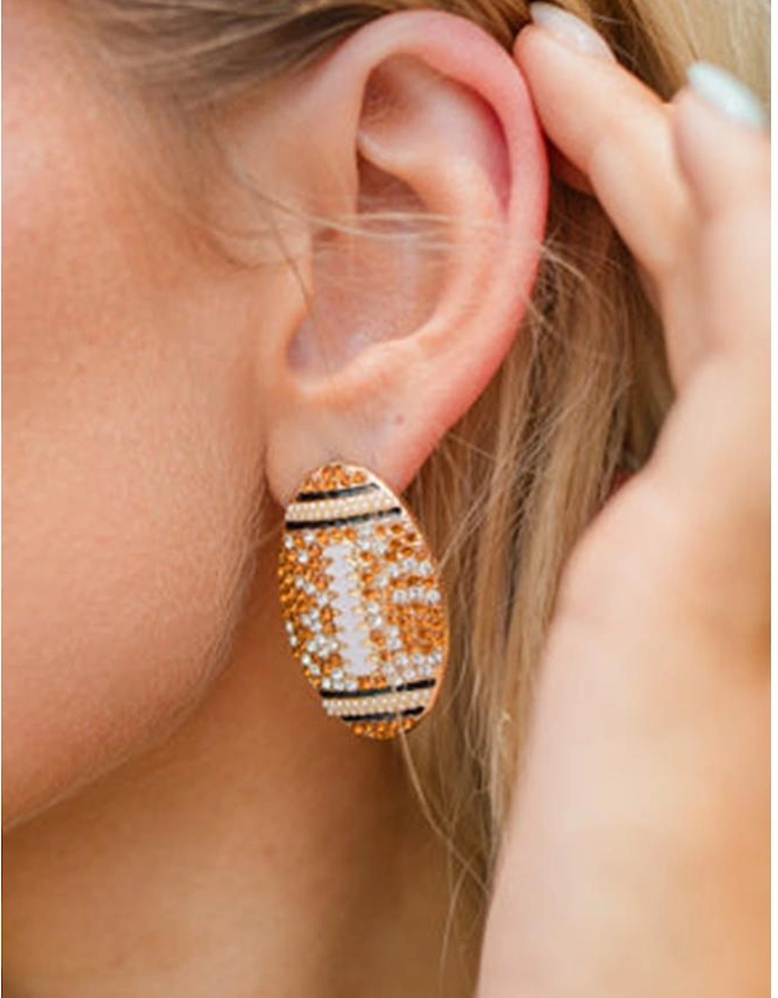 Gold Rhinestone Rugby Football Game Day Stud Earrings