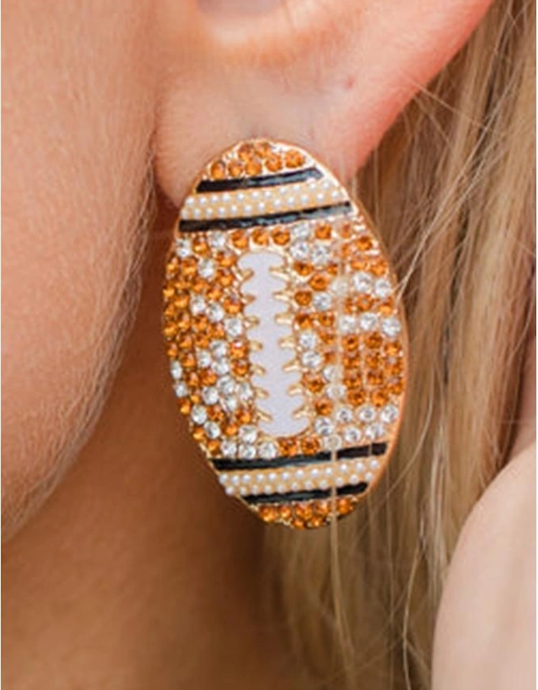 Gold Rhinestone Rugby Football Game Day Stud Earrings