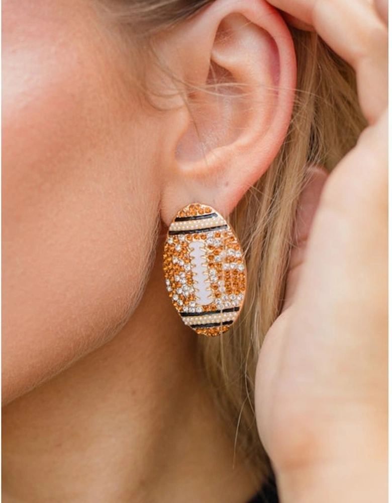 Gold Rhinestone Rugby Football Game Day Stud Earrings