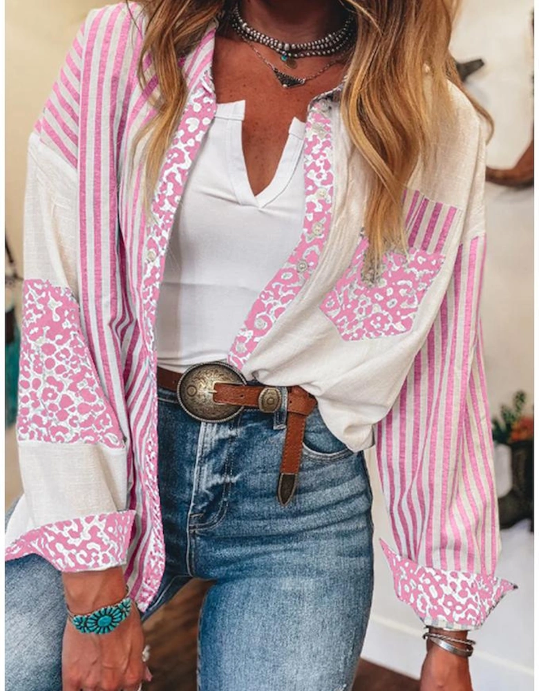 Pink Leopard Striped Western Casual Shirt