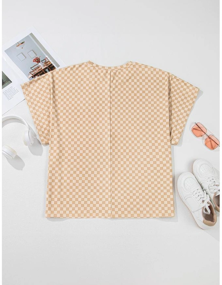 Khaki Checkerboard Short Batwing Sleeve Round Neck Plus Size T Shirt
