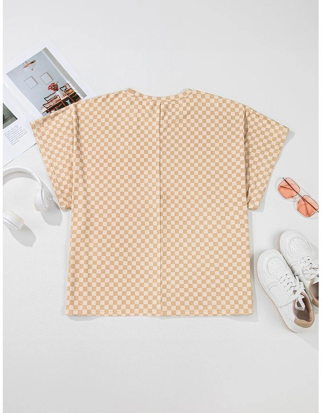 Khaki Checkerboard Short Batwing Sleeve Round Neck Plus Size T Shirt