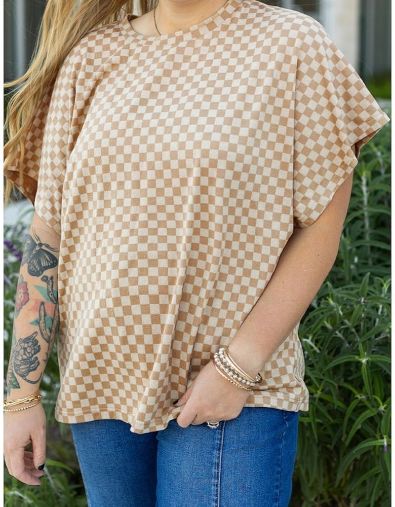 Khaki Checkerboard Short Batwing Sleeve Round Neck Plus Size T Shirt