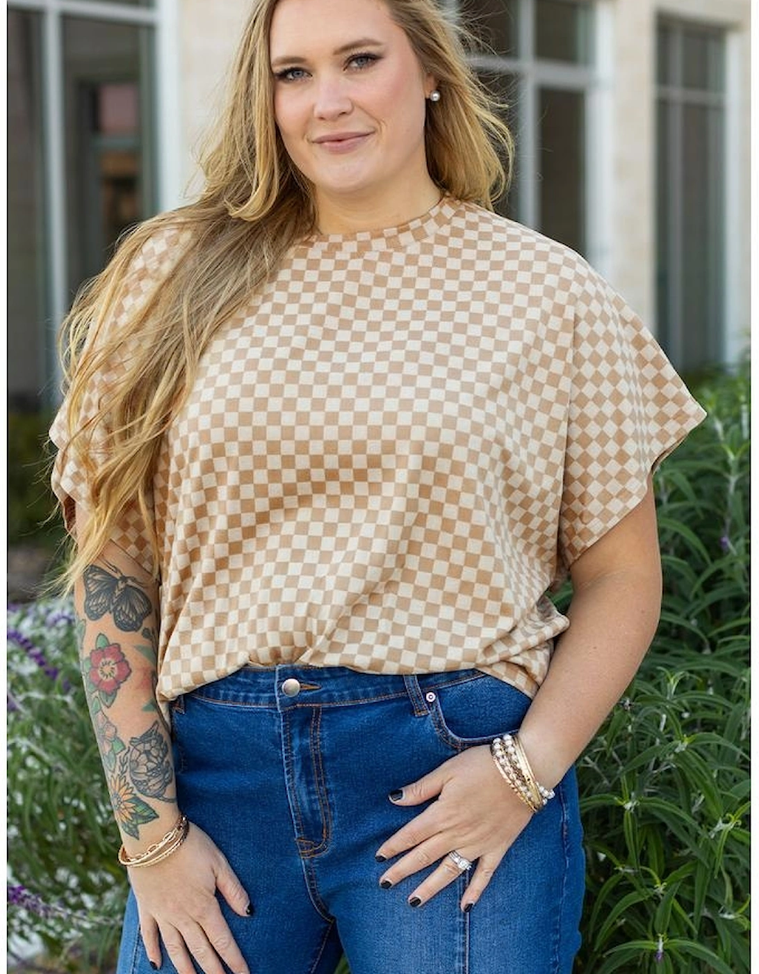 Khaki Checkerboard Short Batwing Sleeve Round Neck Plus Size T Shirt