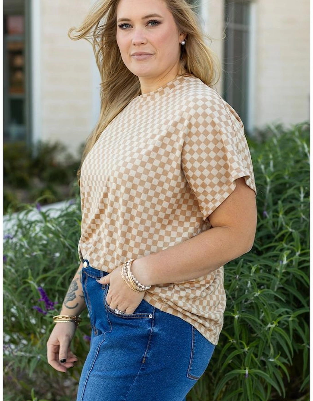 Khaki Checkerboard Short Batwing Sleeve Round Neck Plus Size T Shirt, 12 of 11