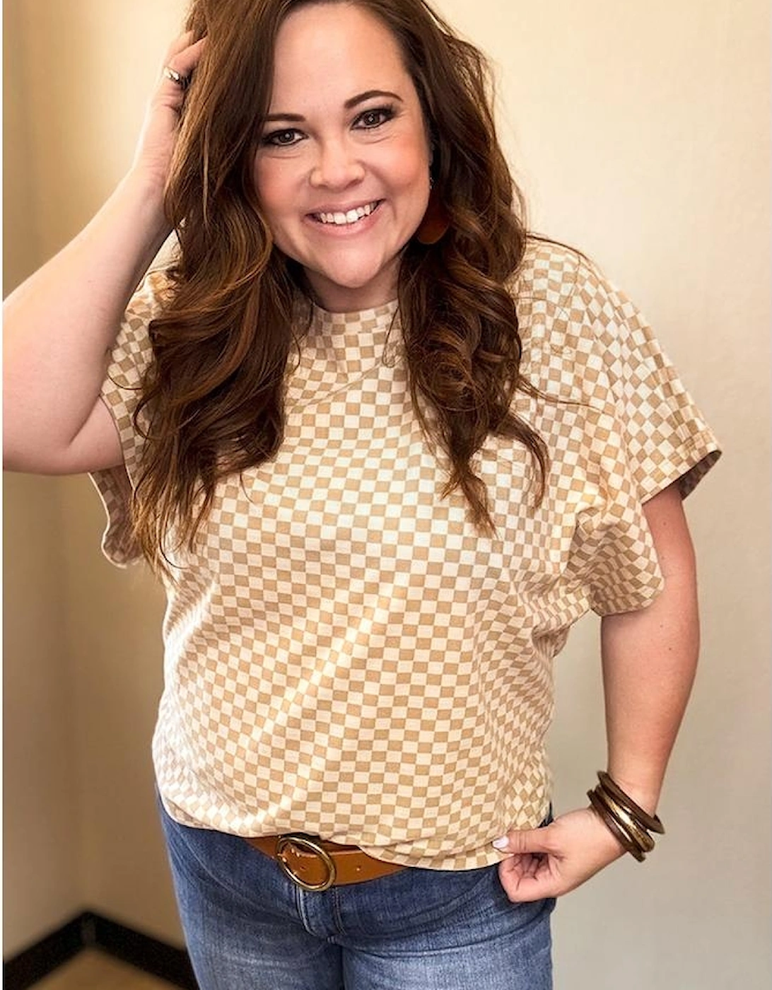 Khaki Checkerboard Short Batwing Sleeve Round Neck Plus Size T Shirt