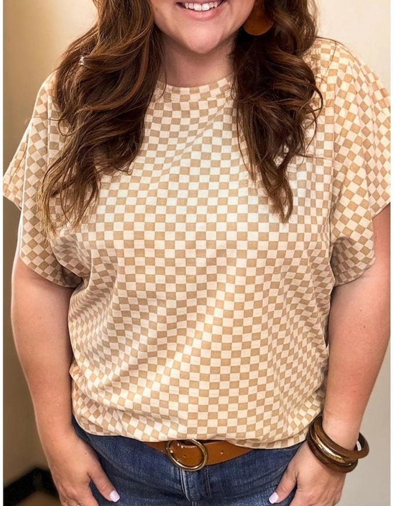 Khaki Checkerboard Short Batwing Sleeve Round Neck Plus Size T Shirt