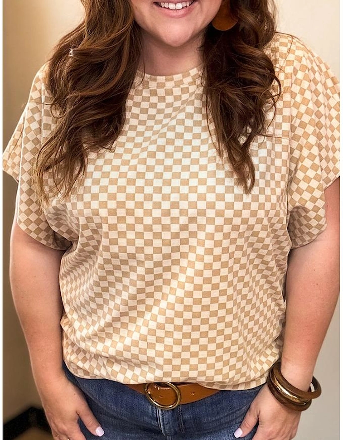 Khaki Checkerboard Short Batwing Sleeve Round Neck Plus Size T Shirt