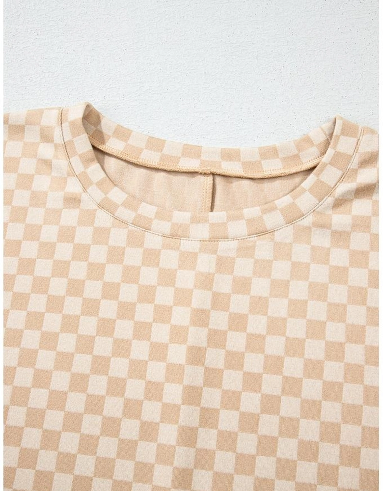 Khaki Checkerboard Short Batwing Sleeve Round Neck Plus Size T Shirt