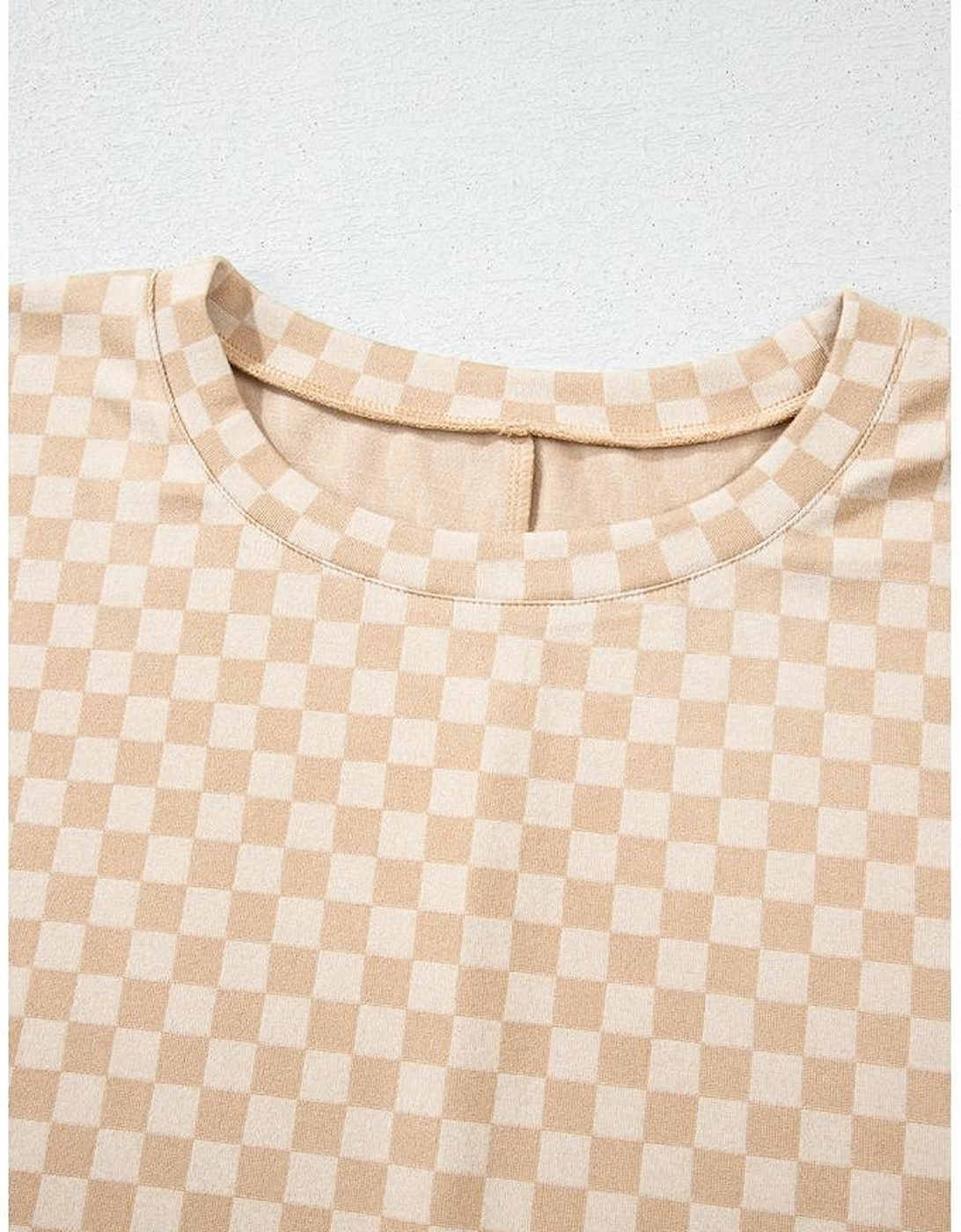 Khaki Checkerboard Short Batwing Sleeve Round Neck Plus Size T Shirt