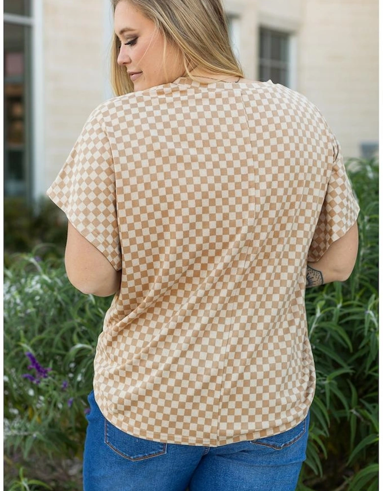 Khaki Checkerboard Short Batwing Sleeve Round Neck Plus Size T Shirt