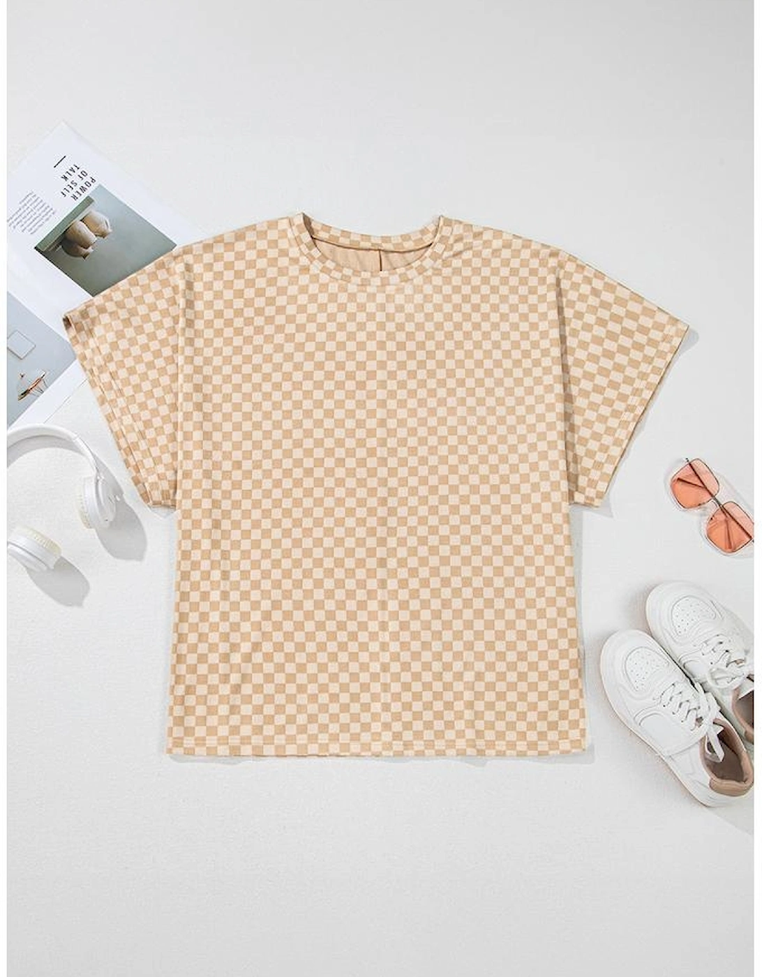 Khaki Checkerboard Short Batwing Sleeve Round Neck Plus Size T Shirt