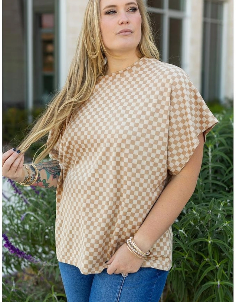 Khaki Checkerboard Short Batwing Sleeve Round Neck Plus Size T Shirt