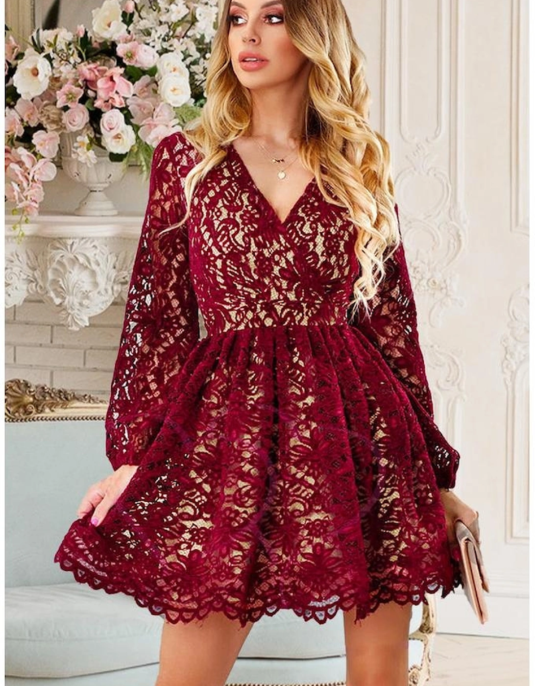 Azura Exchange Wine Red Lace Skater Mini Dress, 15 of 14