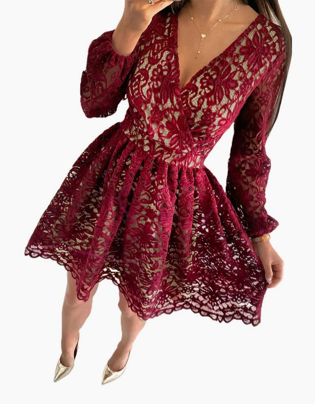 Azura Exchange Wine Red Lace Skater Mini Dress