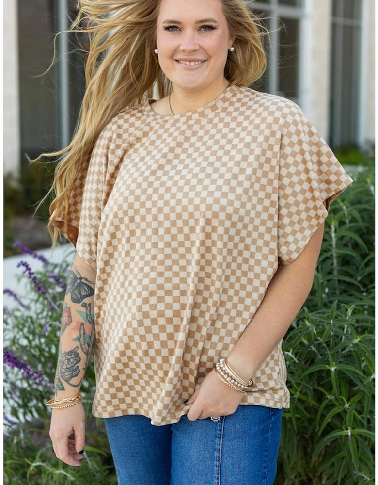 Khaki Checkerboard Short Batwing Sleeve Round Neck Plus Size T Shirt