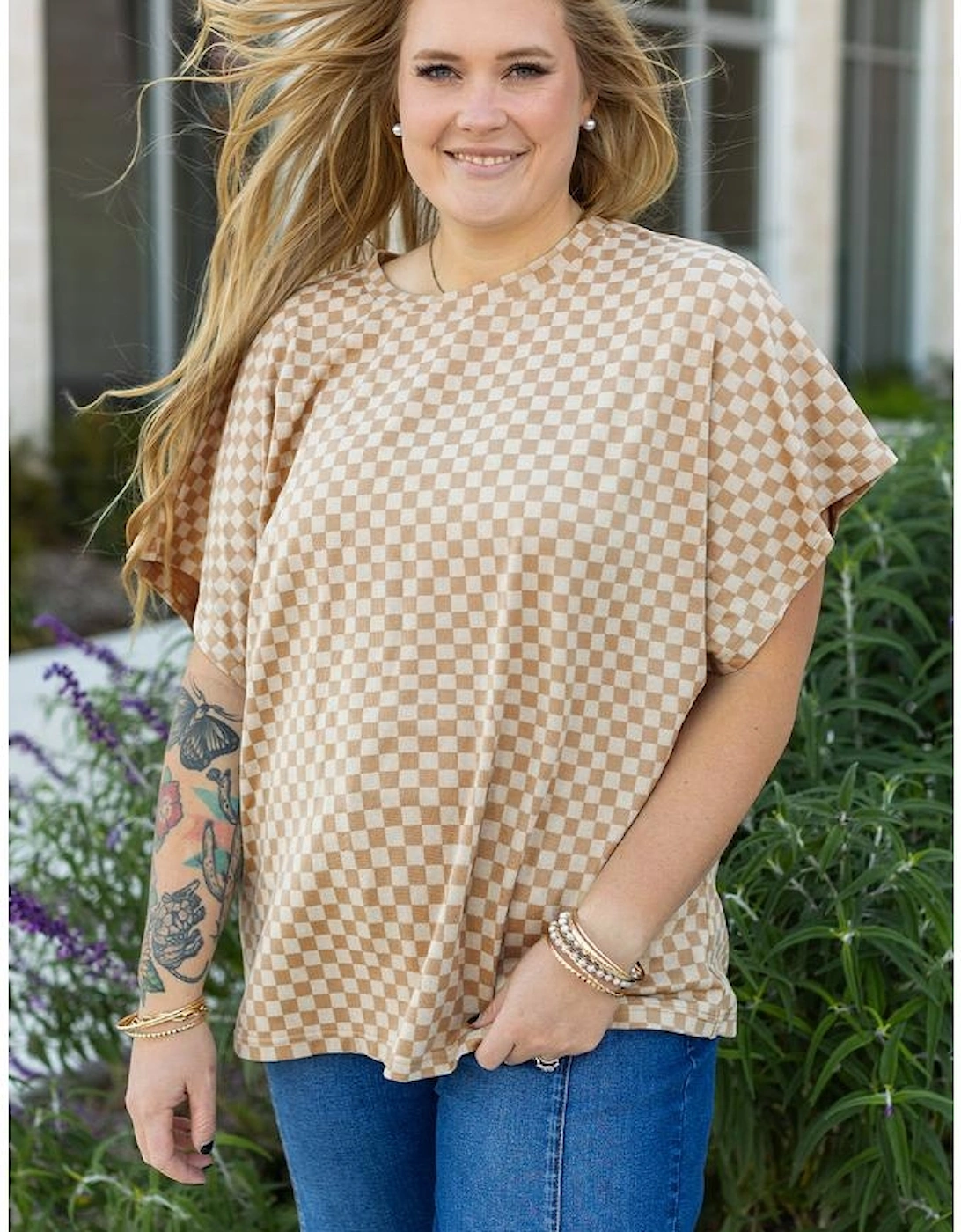 Khaki Checkerboard Short Batwing Sleeve Round Neck Plus Size T Shirt