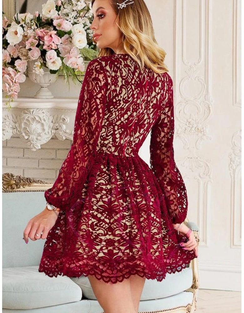Azura Exchange Wine Red Lace Skater Mini Dress