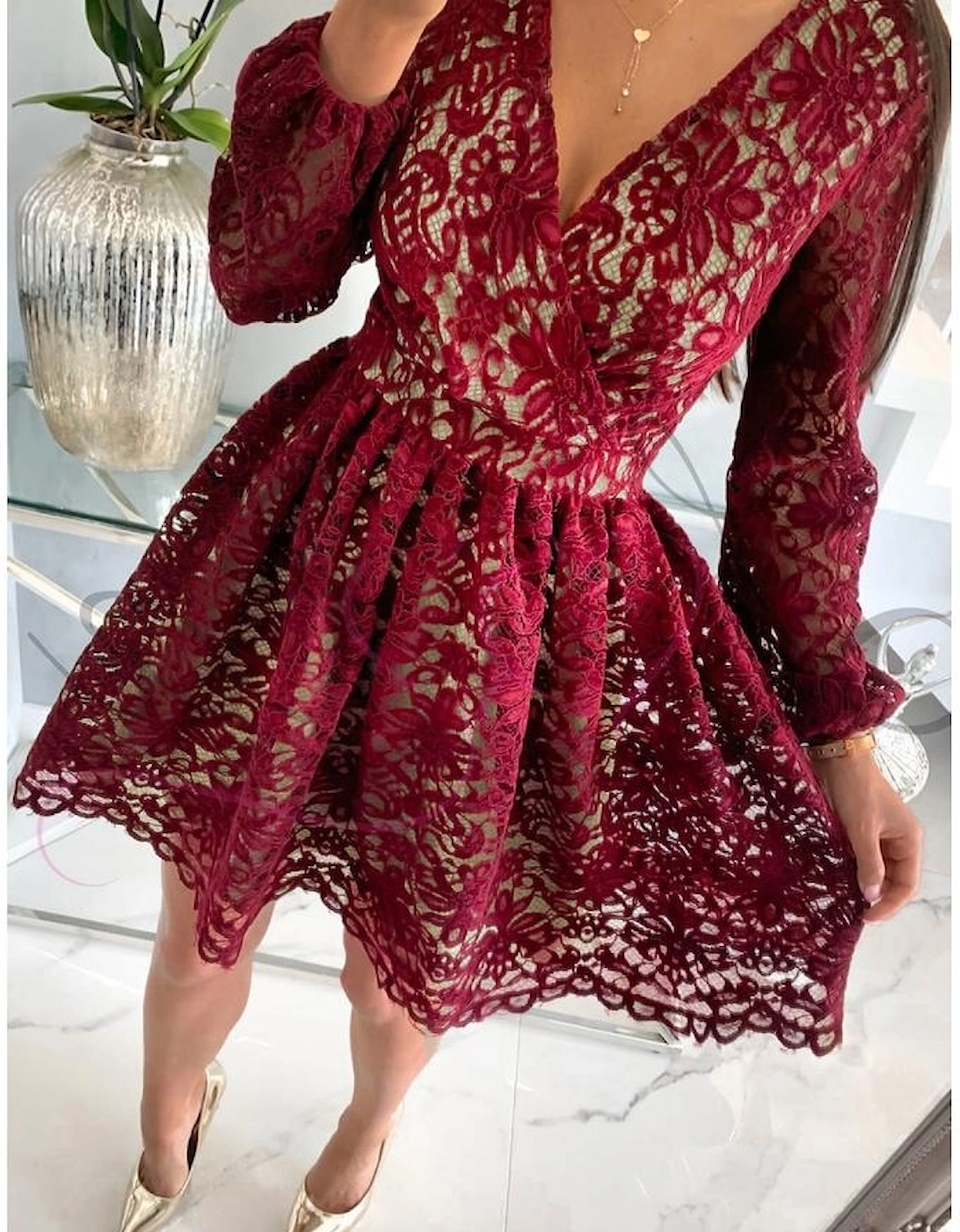 Azura Exchange Wine Red Lace Skater Mini Dress