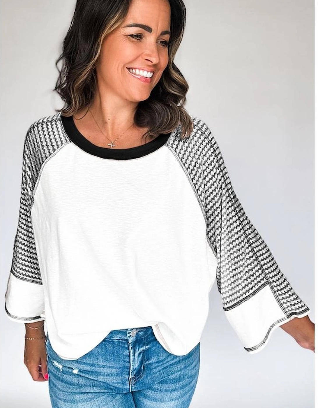 Black Striped Bracelet Sleeve Raglan Patchwork Top