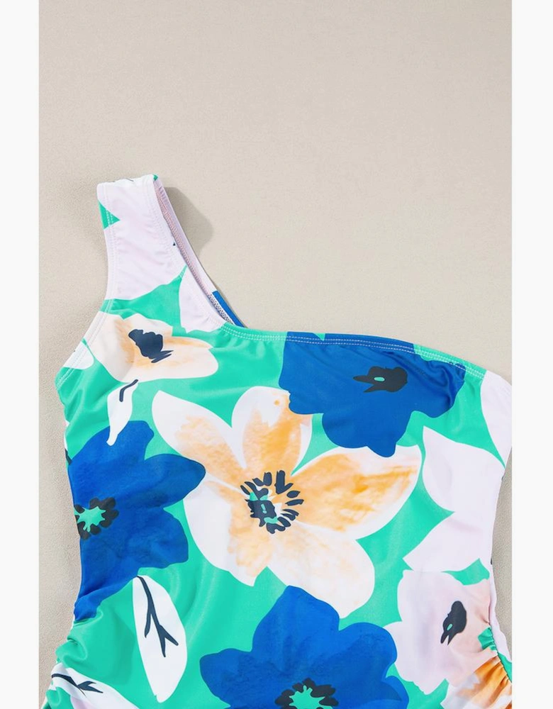 Green Floral Print Ruched Cut Out One Shoulder Monokini