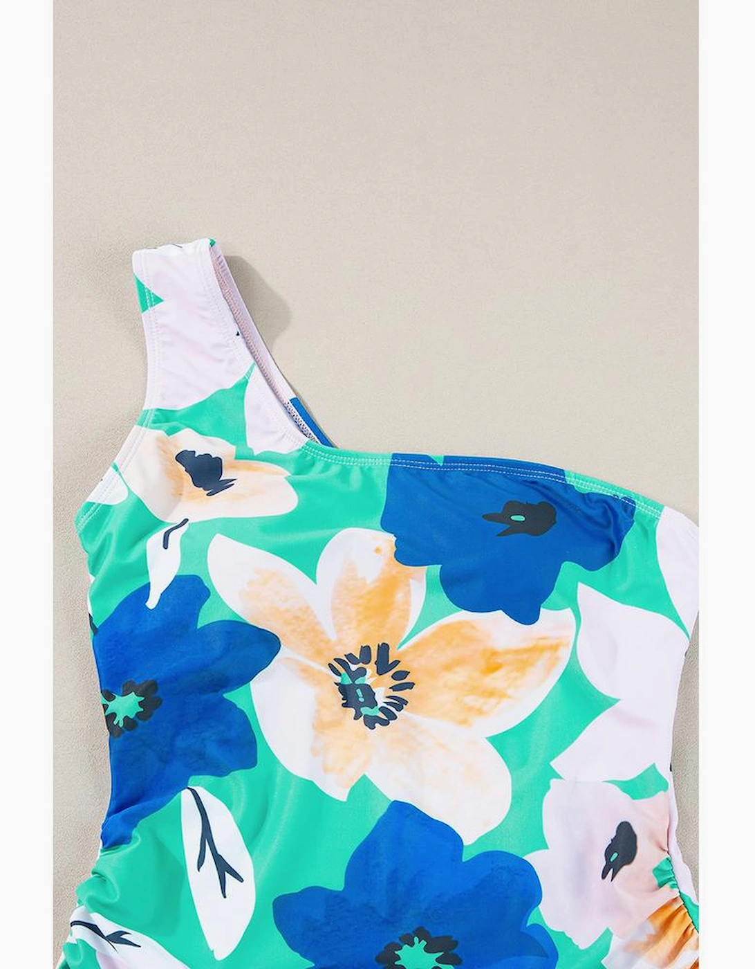 Green Floral Print Ruched Cut Out One Shoulder Monokini