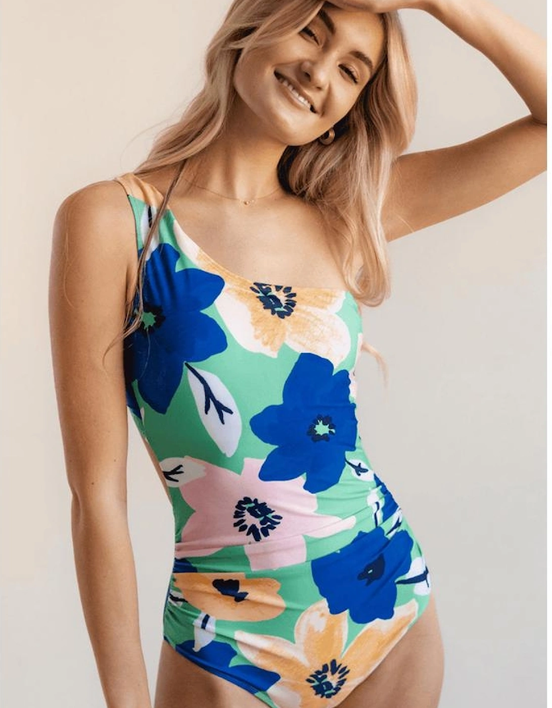 Green Floral Print Ruched Cut Out One Shoulder Monokini