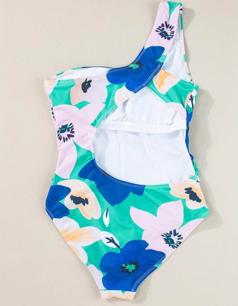 Green Floral Print Ruched Cut Out One Shoulder Monokini