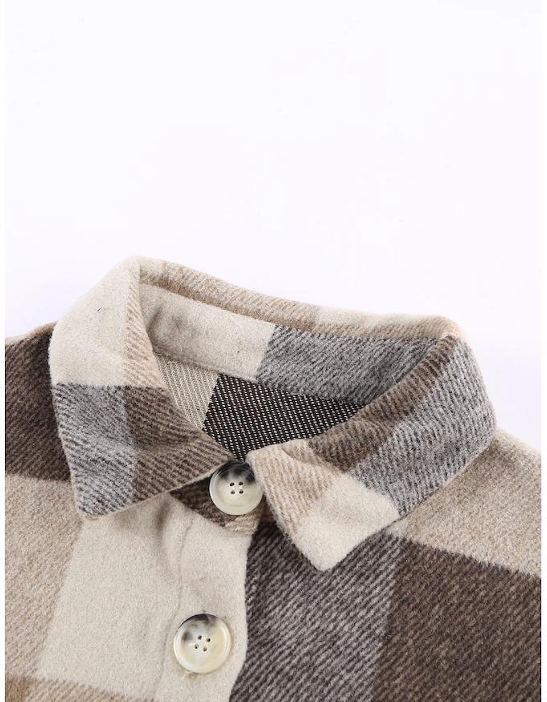 Khaki Plaid Color Block Buttoned Long Sleeve Jacket with Pocket