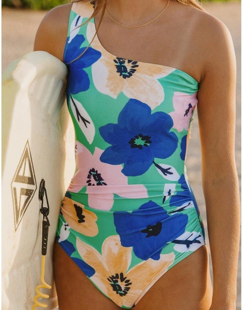 Green Floral Print Ruched Cut Out One Shoulder Monokini