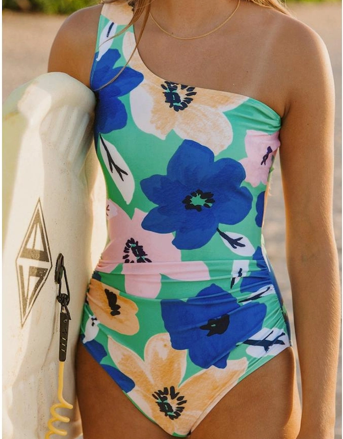 Green Floral Print Ruched Cut Out One Shoulder Monokini