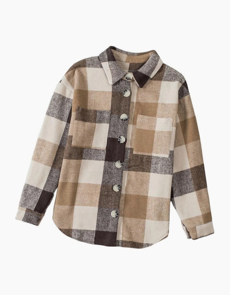 Khaki Plaid Color Block Buttoned Long Sleeve Jacket with Pocket