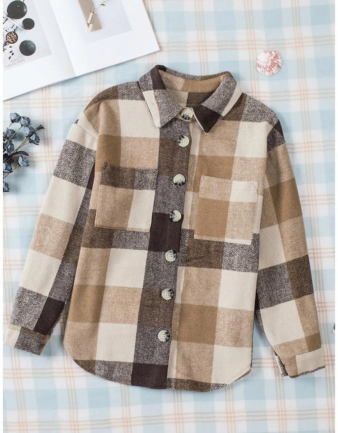 Khaki Plaid Color Block Buttoned Long Sleeve Jacket with Pocket