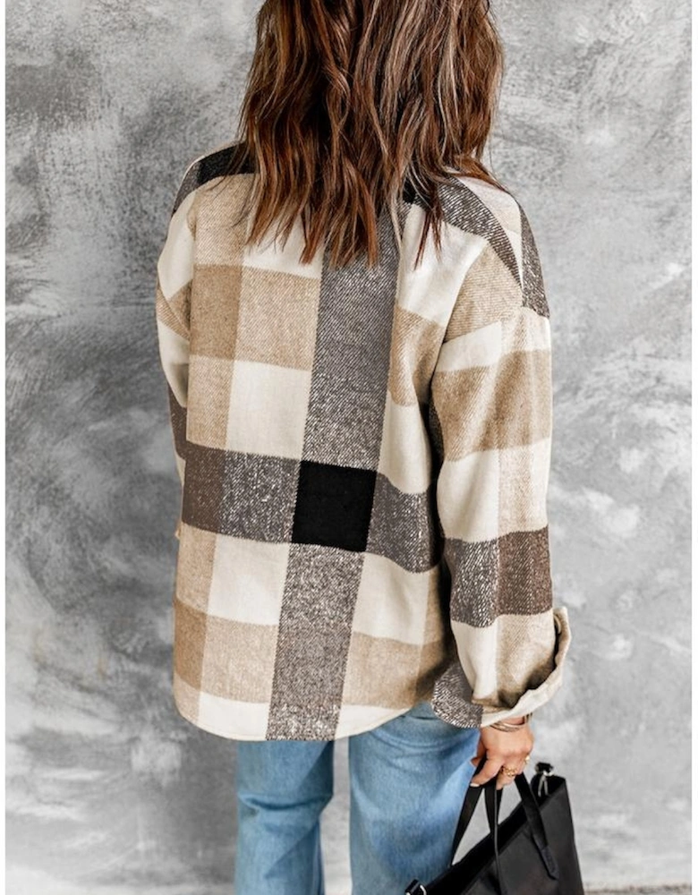 Khaki Plaid Color Block Buttoned Long Sleeve Jacket with Pocket