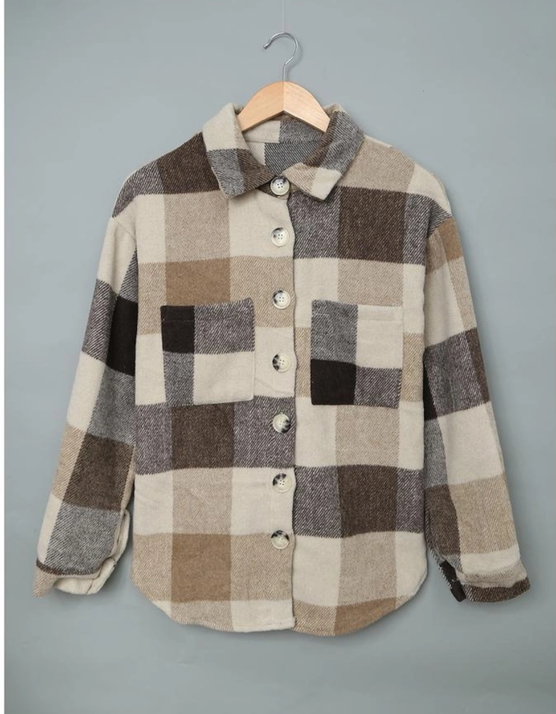 Khaki Plaid Color Block Buttoned Long Sleeve Jacket with Pocket