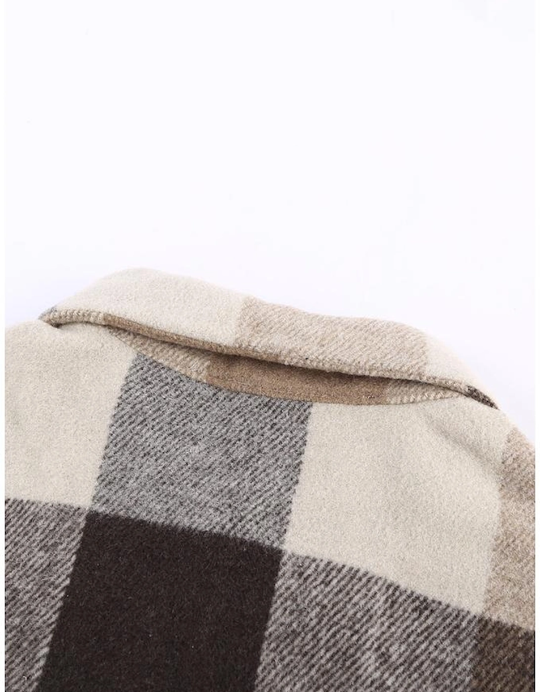 Khaki Plaid Color Block Buttoned Long Sleeve Jacket with Pocket