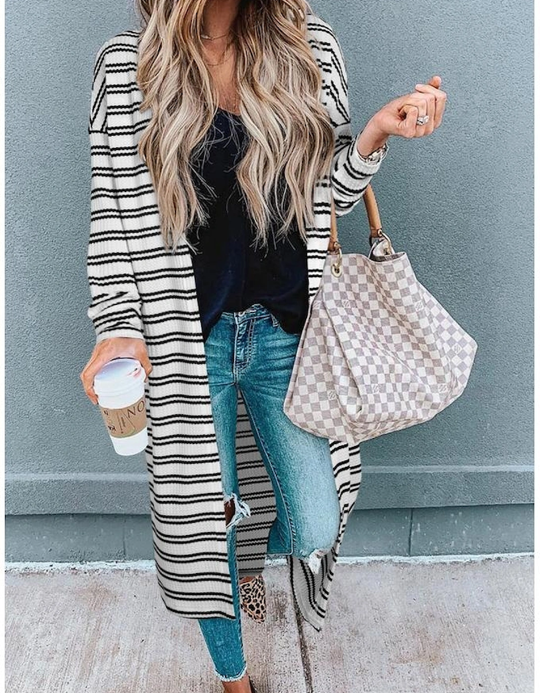 Black Stripe Print Open Front Duster Cardigan