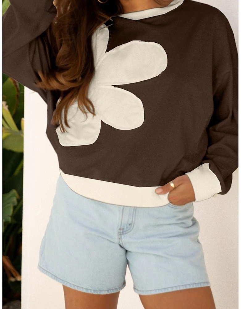 Coffee Raw Edge Flower Patch Drop Shoulder Casual Top