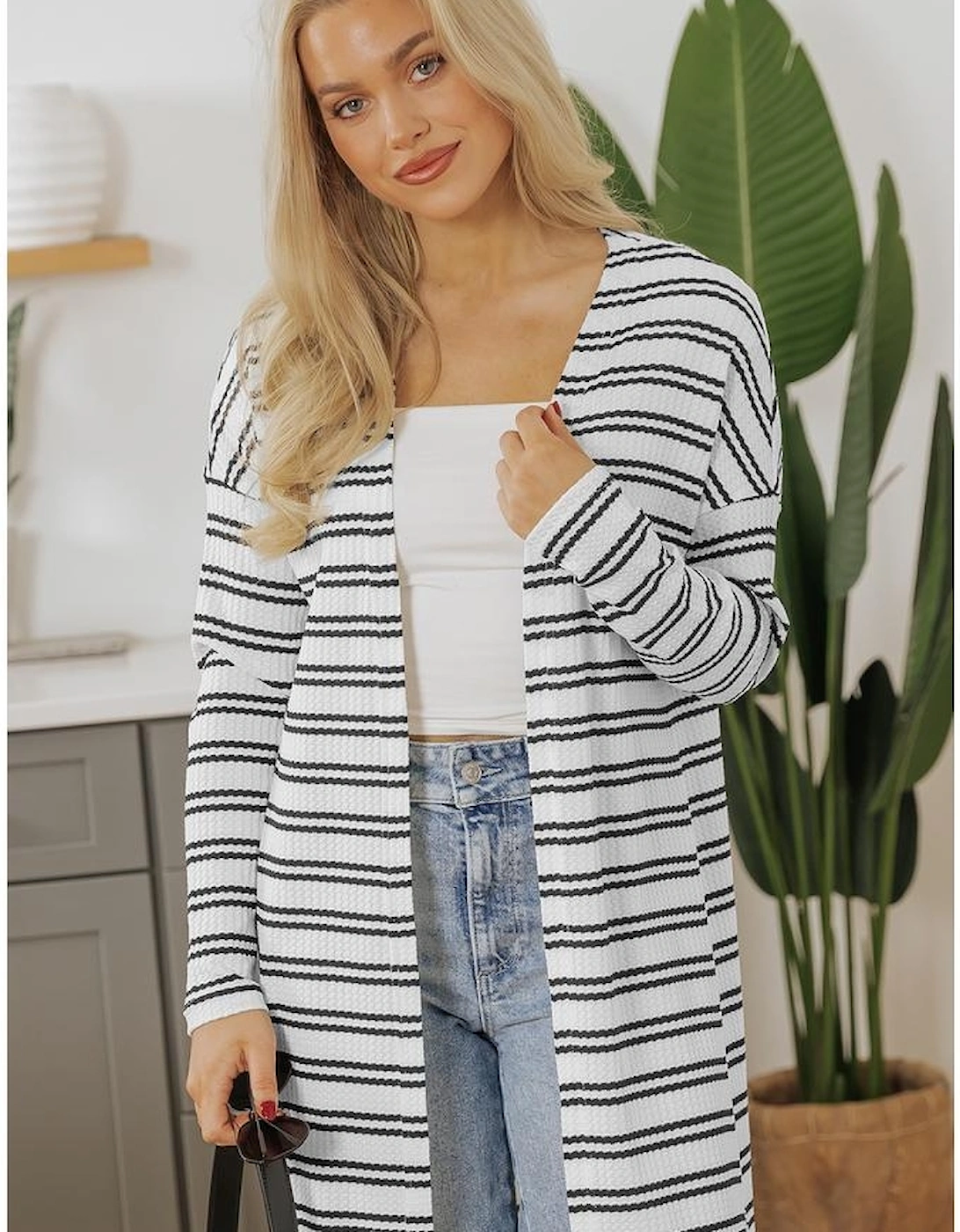 Black Stripe Print Open Front Duster Cardigan