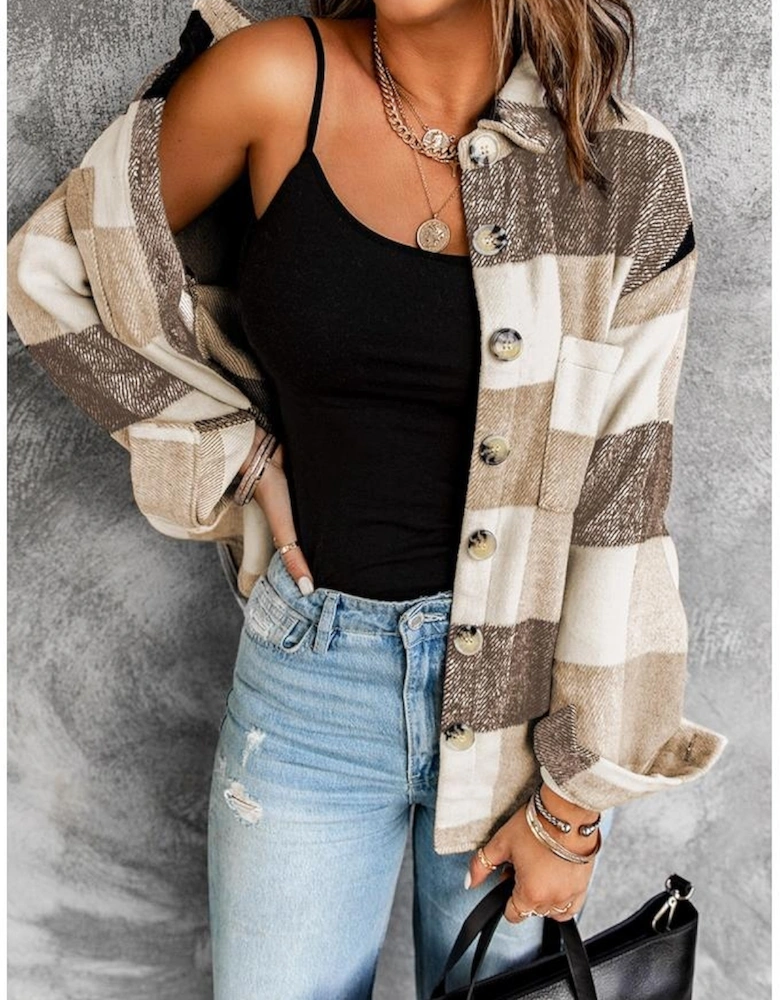 Khaki Plaid Color Block Buttoned Long Sleeve Jacket with Pocket