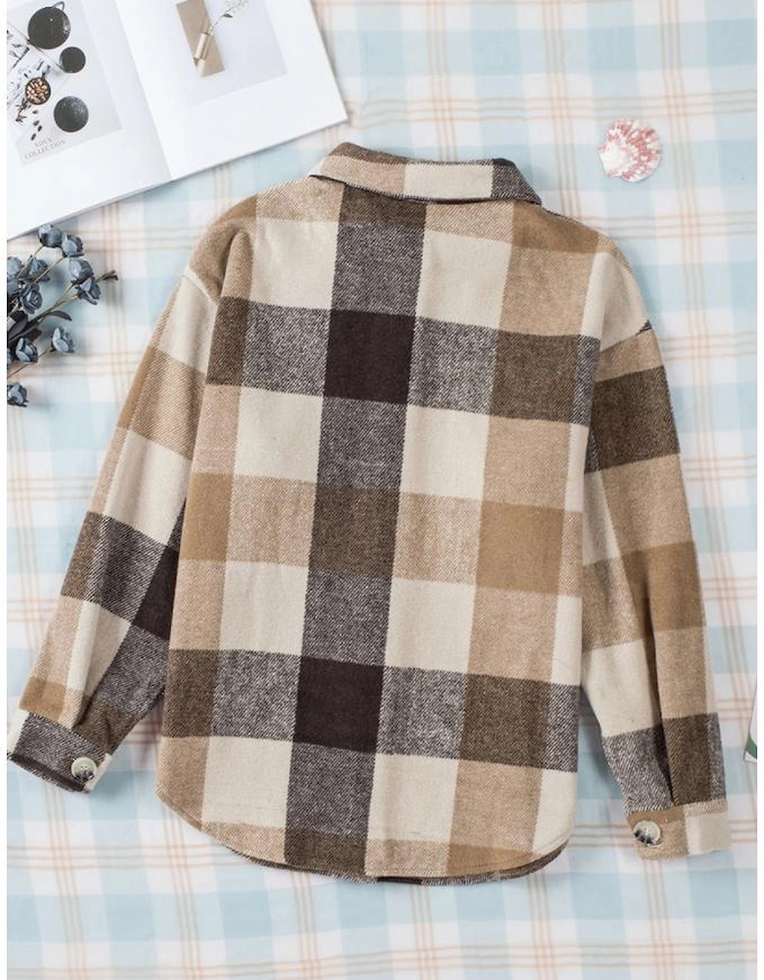 Khaki Plaid Color Block Buttoned Long Sleeve Jacket with Pocket