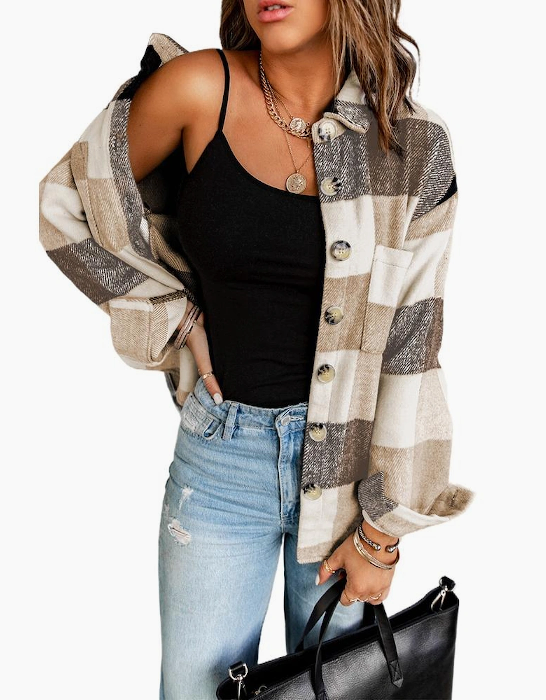 Khaki Plaid Color Block Buttoned Long Sleeve Jacket with Pocket