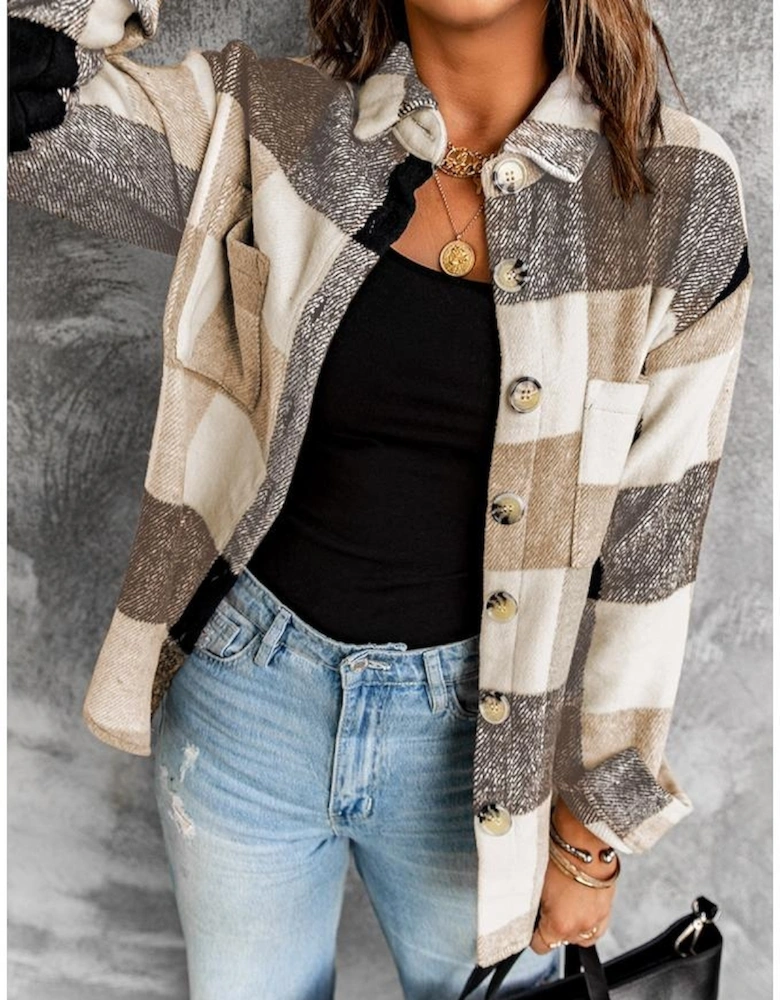 Khaki Plaid Color Block Buttoned Long Sleeve Jacket with Pocket