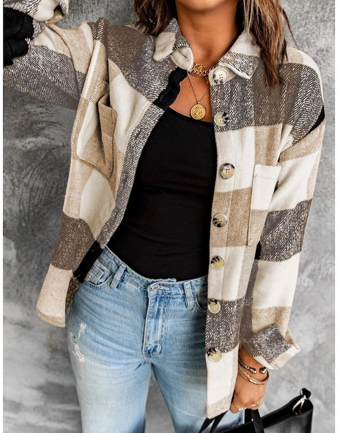 Khaki Plaid Color Block Buttoned Long Sleeve Jacket with Pocket