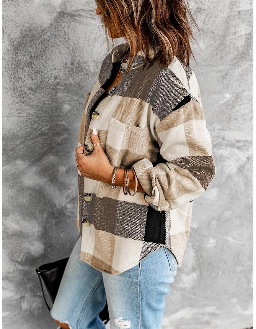 Khaki Plaid Color Block Buttoned Long Sleeve Jacket with Pocket