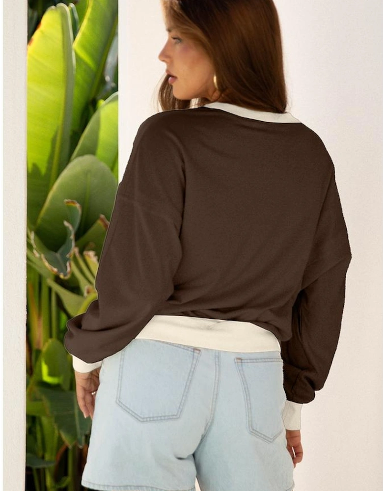 Coffee Raw Edge Flower Patch Drop Shoulder Casual Top