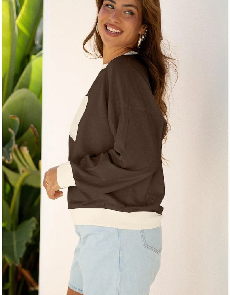 Coffee Raw Edge Flower Patch Drop Shoulder Casual Top