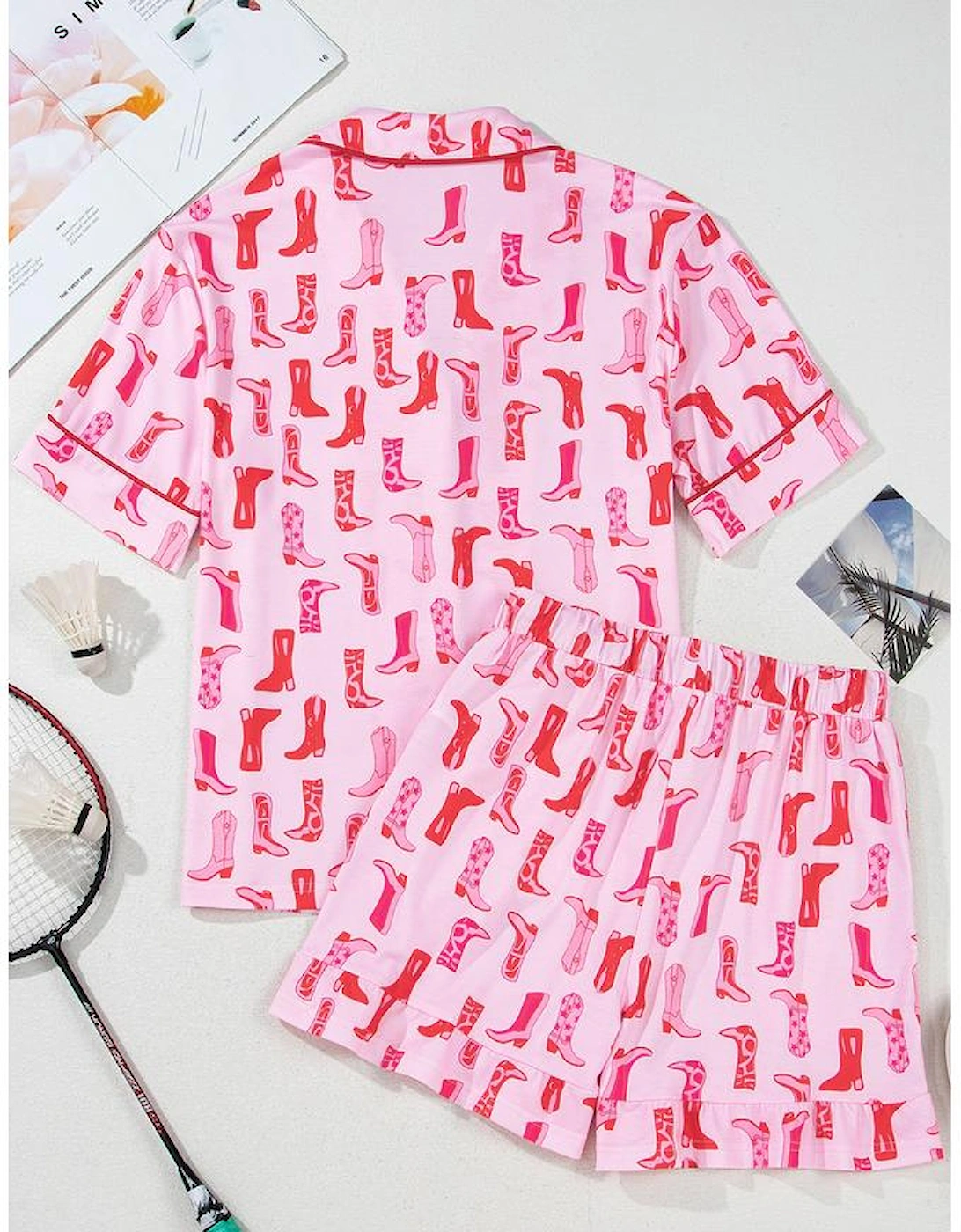 Pink Western Cowgirl Boots Printed Shirt Ruffled Shorts Pajama Set