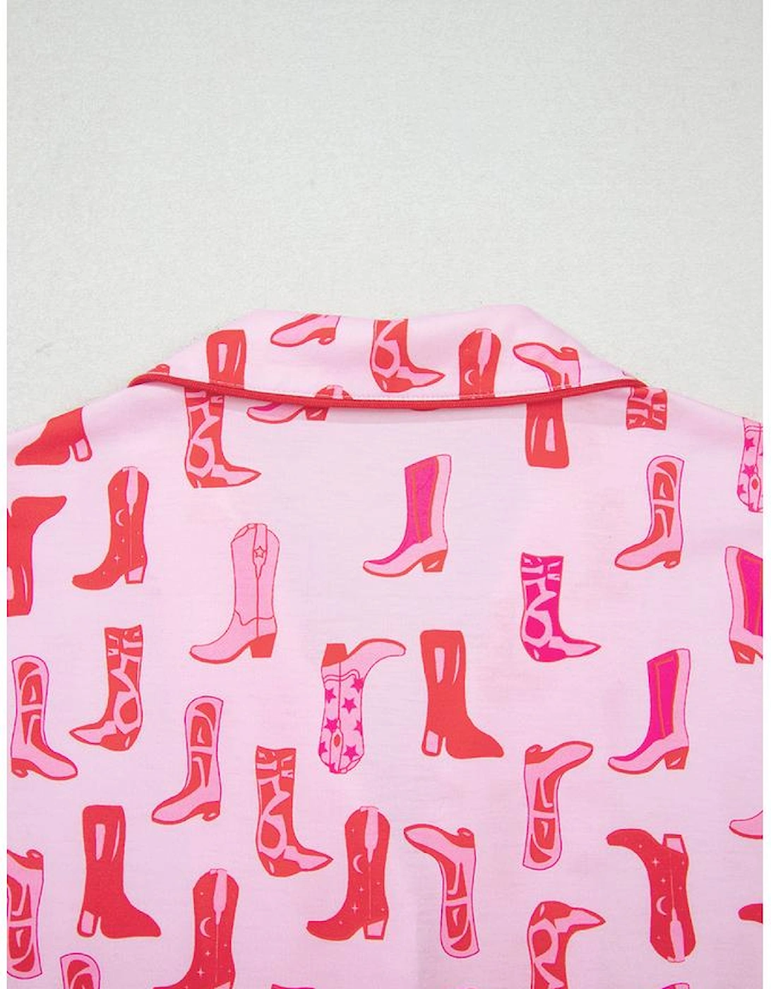 Pink Western Cowgirl Boots Printed Shirt Ruffled Shorts Pajama Set